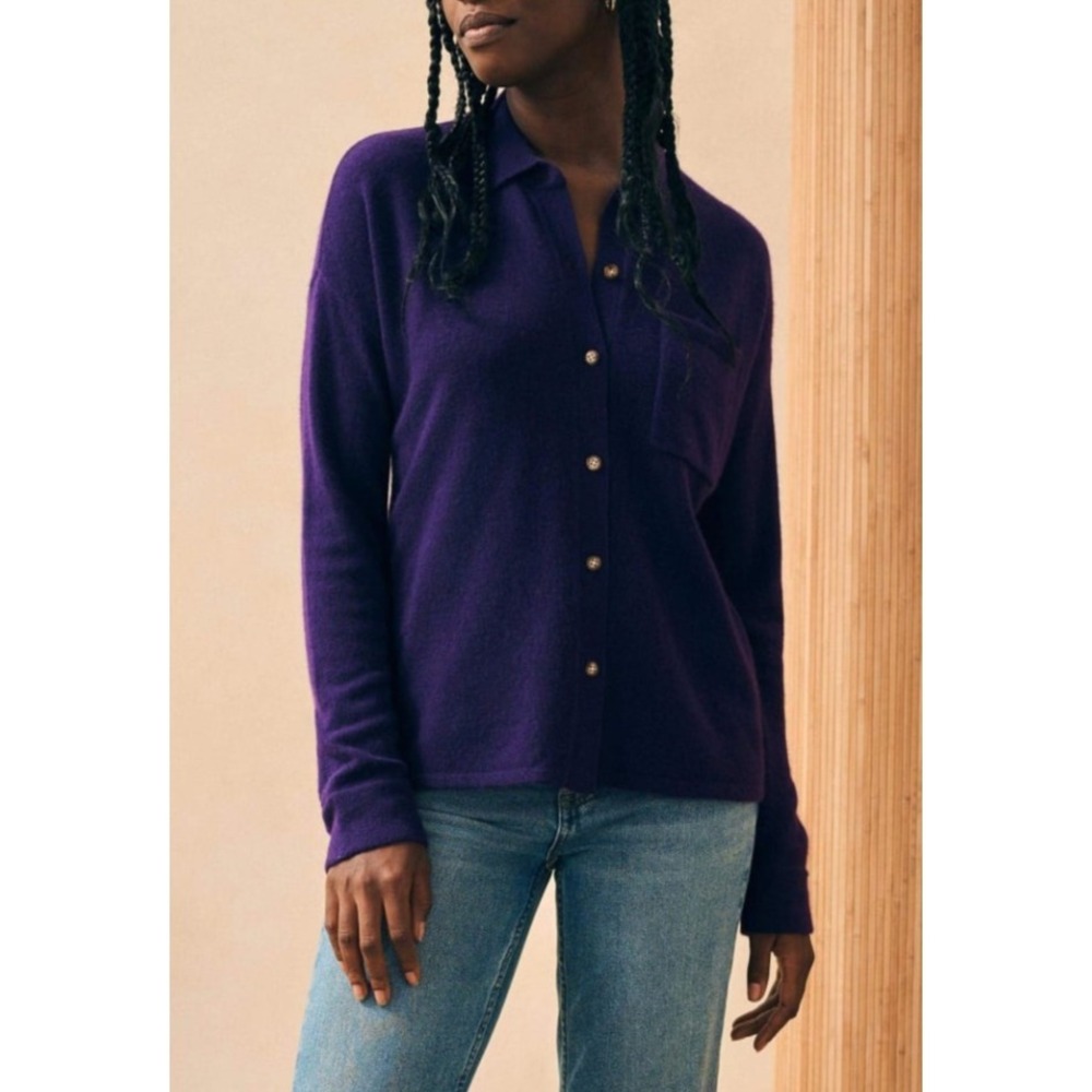 Faherty Cloud Cashmere Sweater Shirt Purple Button Front Medium Quiet Luxury - Picture 13 of 16